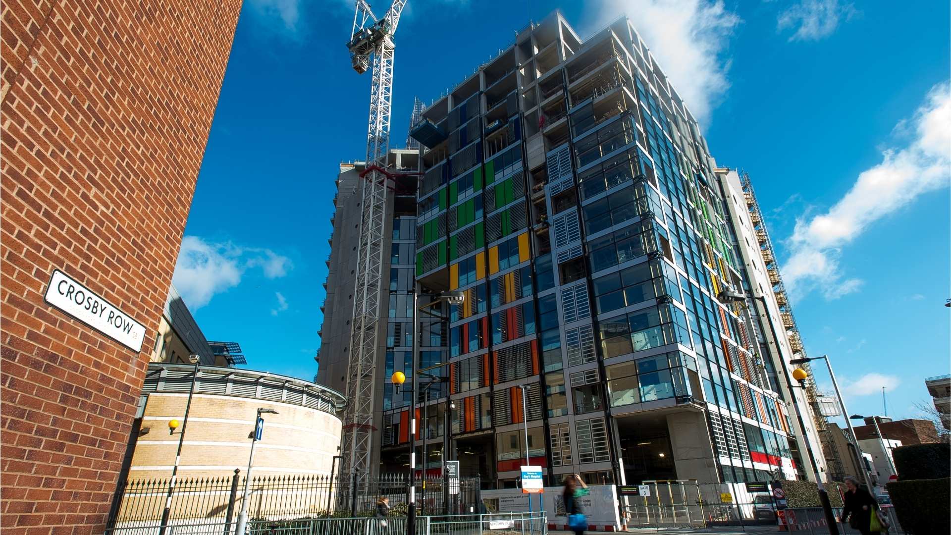 Guy's Cancer Centre Building with colourful panels on the outside.